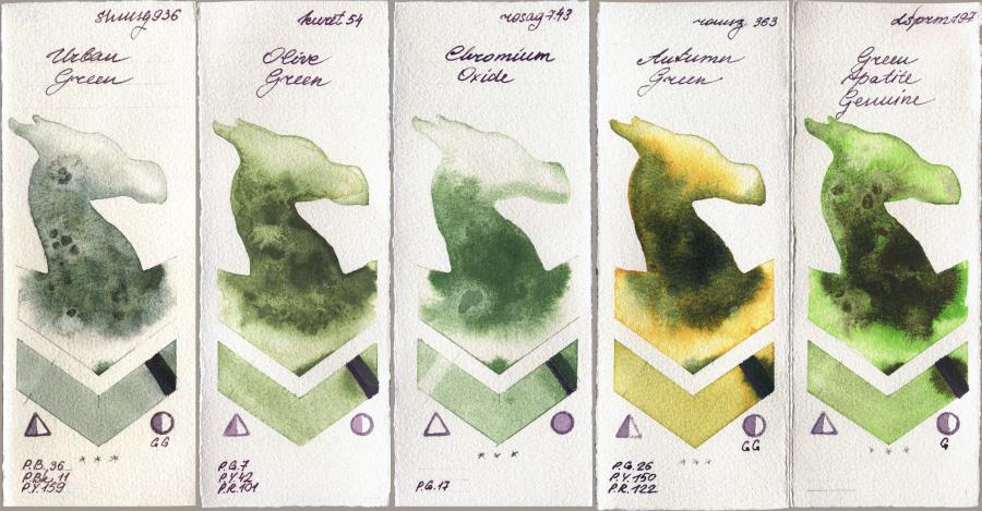 Shminke Horadam Aquarell 936 Urban Green vs Kuretake Gansai Tambi 54 Olive Green vs Rosa Gallery 743 Chromium Oxide vs Roman Szmal Aquarius 363 Autumn Green vs Daniel Smith 197 Green Apatite Genuine watercolor swatch