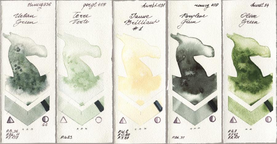 Shminke Horadam Aquarell 936 Urban Green vs Golden QOR 405 Terre Verte vs Holbein Artists Watercolor 031 Jaune Brilliant No 1 vs Roman Szmal Aquarius 409 Perylene Green vs Kuretake Gansai Tambi 054 Olive Green watercolor swatch