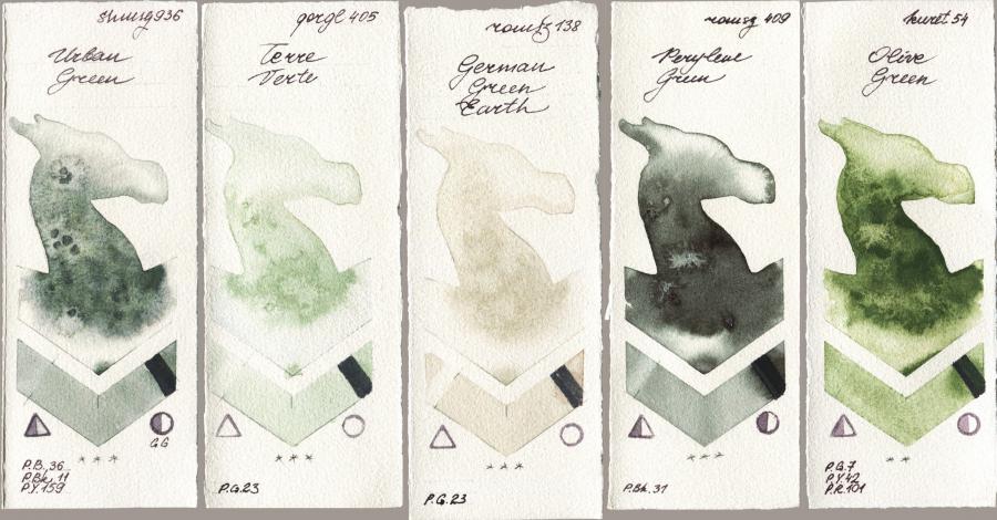 Shminke Horadam Aquarell 936 Urban Green vs Golden QOR 405 Terre Verte vs Roman Szmal Aquarius 138 German Green Earth vs 409 Perylene Green vs Kuretake Gansai Tambi 054 Olive Green watercolor swatch