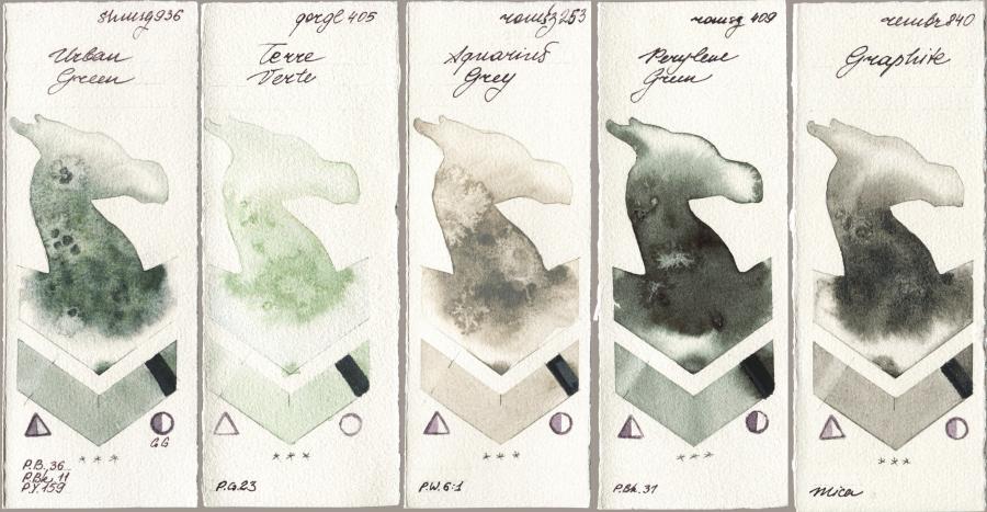 Shminke Horadam Aquarell 936 Urban Green vs Golden QOR 405 Terre Verte vs Roman Szmal Aquarius 253 Aquarius Grey vs 409 Perylene Green vs Royal Talens Rembrandt Watercolour 840 Graphite watercolor swatch
