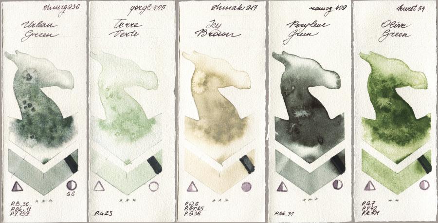 Shminke Horadam Aquarell 936 Urban Green vs Golden QOR 405 Terre Verte vs Shminke Akademie Aquarell 917 Icy Brown vs Roman Szmal Aquarius 409 Perylene Green vs Kuretake Gansai Tambi 054 Olive Green watercolor swatch