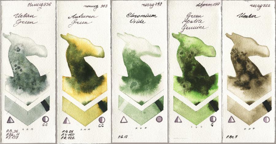 Shminke Horadam Aquarell 936 Urban Green vs Roman Szmal Aquarius 363 Autumn Green vs Rosa Gallery 743 Chromium Oxide vs Daniel Smith 197 Green Apatite Genuine vs 722 Umber watercolor swatch