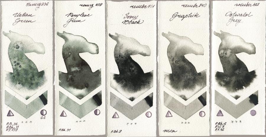 Shminke Horadam Aquarell 936 Urban Green vs Roman Szmal Aquarius 409 Perylene Green vs Royal Talens Rembrandt Watercolour 701 Ivory Black vs 840 Graphite vs Winsor & Newton Professional 428 Ostwald Grey watercolor swatch