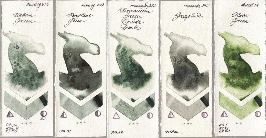 Shminke Horadam Aquarell 936 Urban Green vs Roman Szmal Aquarius 409 Perylene Green vs 270 Chromium Green Oxide Dark vs Royal Talens Rembrandt Watercolour 840 Graphite vs Kuretake Gansai Tambi 054 Olive Green watercolor swatch