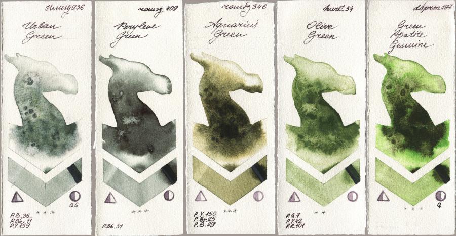 Shminke Horadam Aquarell 936 Urban Green vs Roman Szmal Aquarius 409 Perylene Green vs 346 Aquarius Green vs Kuretake Gansai Tambi 054 Olive Green vs Daniel Smith 197 Green Apatite Genuine watercolor swatch