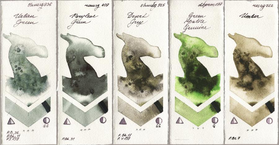 Shminke Horadam Aquarell 936 Urban Green vs Roman Szmal Aquarius 409 Perylene Green vs 925 Desert Grey vs Daniel Smith 197 Green Apatite Genuine vs Rosa Gallery 722 Umber watercolor swatch