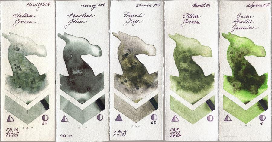 Shminke Horadam Aquarell 936 Urban Green vs Roman Szmal Aquarius 409 Perylene Green vs 925 Desert Grey vs Kuretake Gansai Tambi 54 Olive Green vs Daniel Smith 197 Green Apatite Genuine watercolor swatch