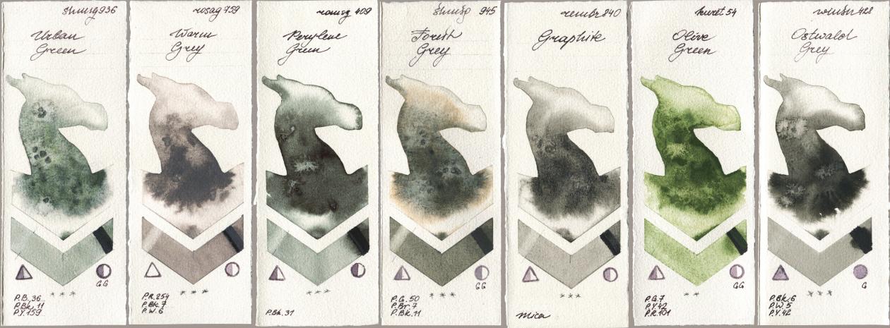 Shminke Horadam Aquarell 936 Urban Green, Rosa Gallery 759 Warm Grey, Roman Szmal Aquarius 409 Perylene Green, 945 Forest Grey, Royal Talens Rembrandt Watercolour 840 Graphite, Kuretake Gansai Tambi 054 Olive Green, Winsor & Newton Professional 428 Ostwald Gr watercolor swatch