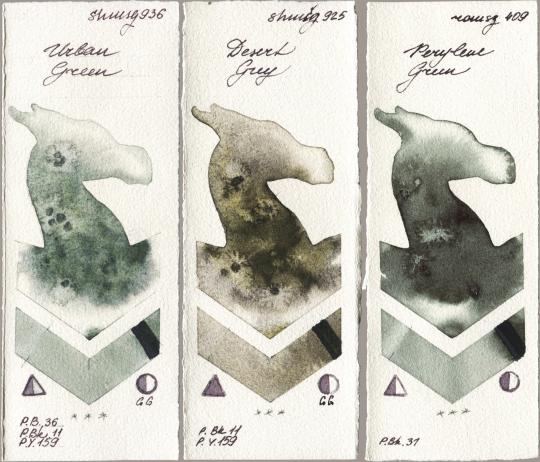 Shminke Horadam Aquarell 936 Urban Green vs 925 Desert Grey vs Roman Szmal Aquarius 409 Perylene Green watercolor swatch