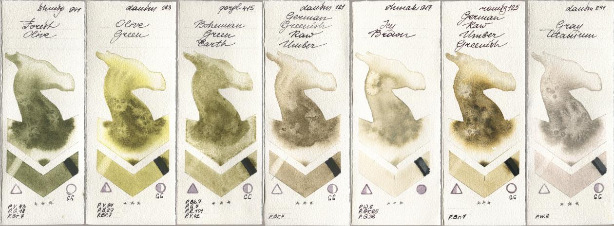 Shminke Horadam Aquarell 941 Forest Olive, Daniel Smith 063 Olive Green, Golden QOR 415 Bohemian Green Earth, 121 German Greenish Raw Umber, Shminke Akademie Aquarell 917 Icy Brown, Roman Szmal Aquarius 125 German Raw Umber Greenish, 241 Gray Titani watercolor swatch