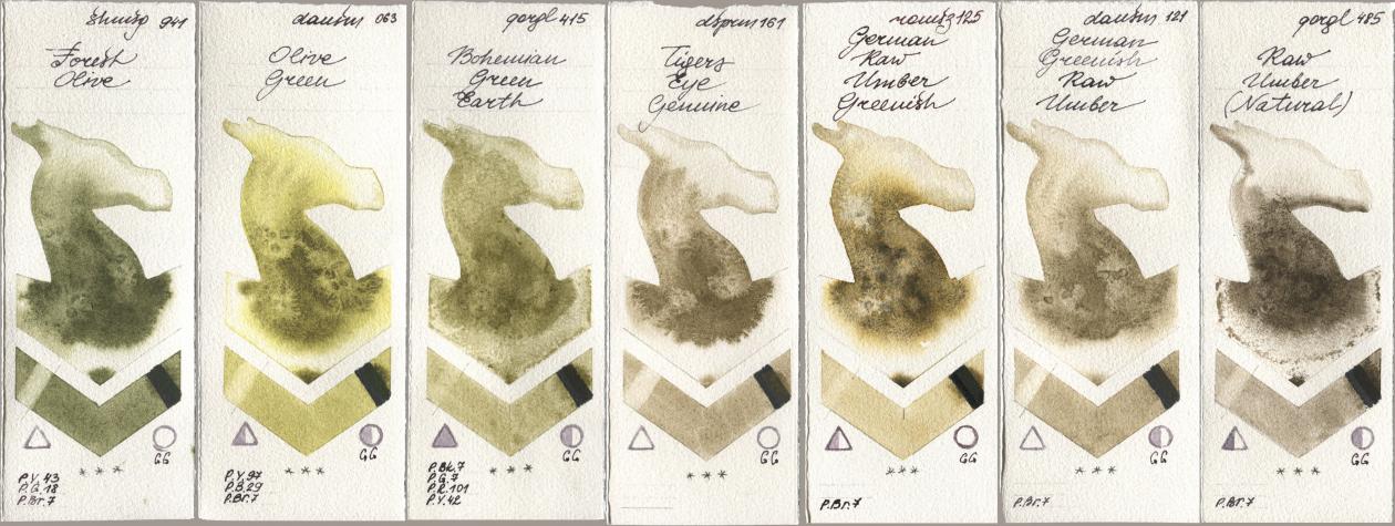 Shminke Horadam Aquarell 941 Forest Olive, Daniel Smith 063 Olive Green, Golden QOR 415 Bohemian Green Earth, 161 Tigers Eye Genuine, Roman Szmal Aquarius 125 German Raw Umber Greenish, 121 German Greenish Raw Umber, 485 Raw Umber (Natura watercolor swatch