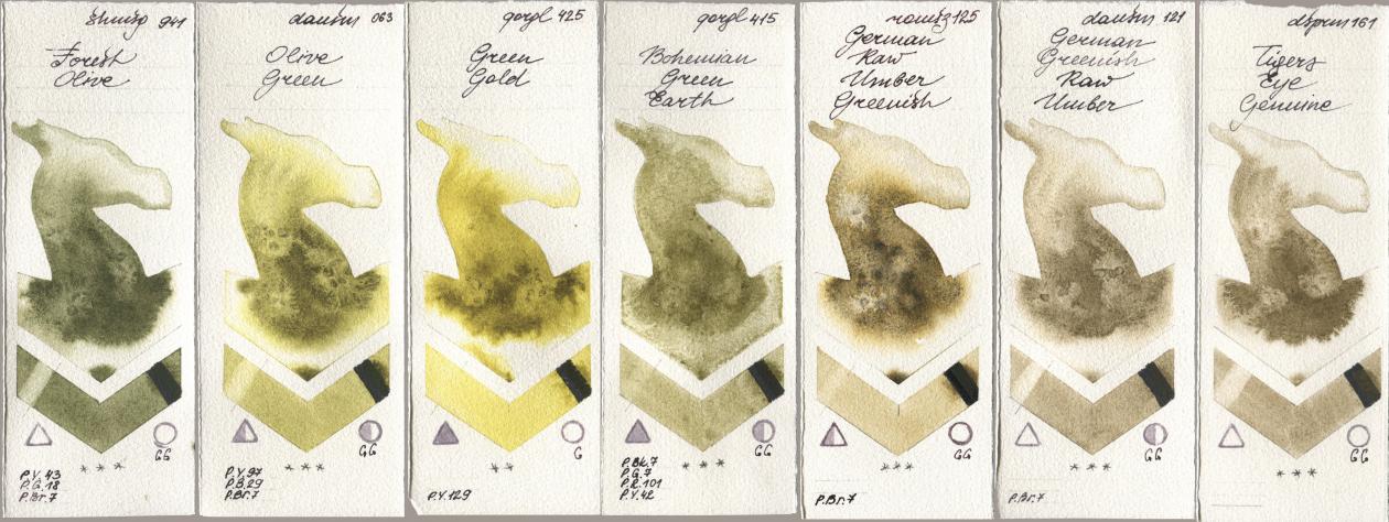 Shminke Horadam Aquarell 941 Forest Olive, Daniel Smith 063 Olive Green, Golden QOR 425 Green Gold, 415 Bohemian Green Earth, Roman Szmal Aquarius 125 German Raw Umber Greenish, 121 German Greenish Raw Umber, 161 Tigers Eye Genui watercolor swatch