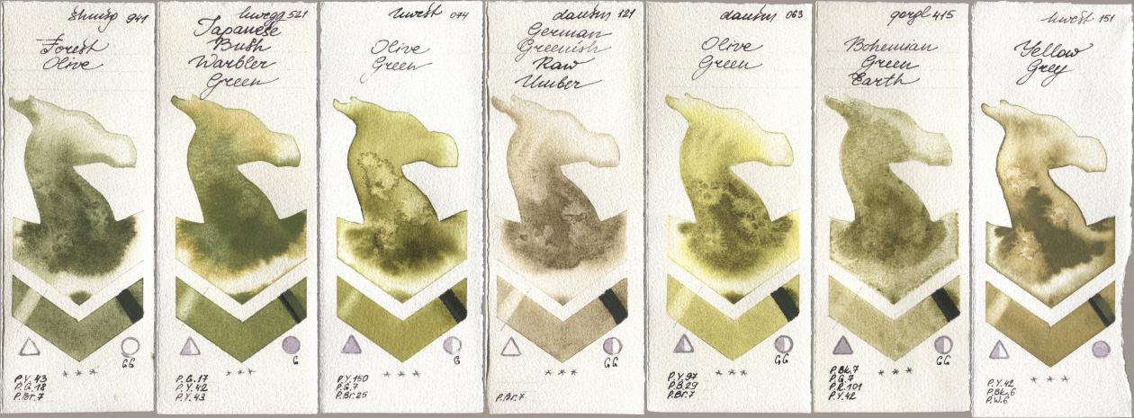 Shminke Horadam Aquarell 941 Forest Olive, Holbein Artists Watercolor 521 Japanese Bush Warbler Green, 074 Olive Green, Daniel Smith 121 German Greenish Raw Umber, 063 Olive Green, Golden QOR 415 Bohemian Green Earth, 151 Yellow Gr watercolor swatch
