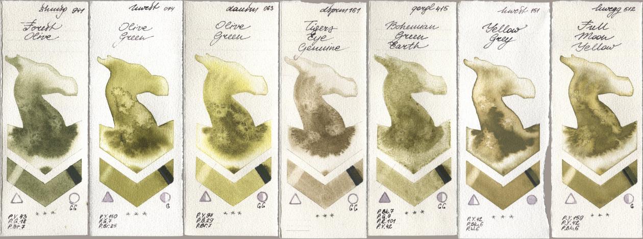 Shminke Horadam Aquarell 941 Forest Olive, Holbein Artists Watercolor 074 Olive Green, Daniel Smith 063 Olive Green, 161 Tigers Eye Genuine, Golden QOR 415 Bohemian Green Earth, 151 Yellow Grey, 512 Full Moon Yell watercolor swatch