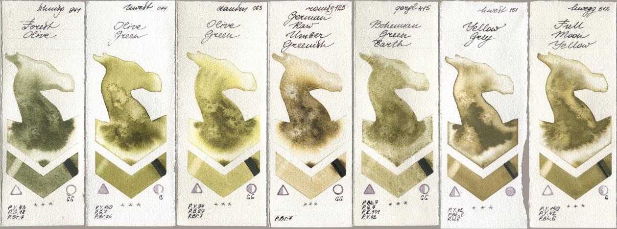Shminke Horadam Aquarell 941 Forest Olive, Holbein Artists Watercolor 074 Olive Green, Daniel Smith 063 Olive Green, Roman Szmal Aquarius 125 German Raw Umber Greenish, Golden QOR 415 Bohemian Green Earth, 151 Yellow Grey, 512 Full Moon Yell watercolor swatch