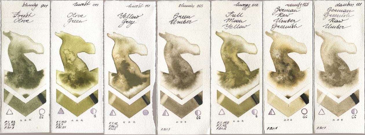 Shminke Horadam Aquarell 941 Forest Olive, Holbein Artists Watercolor 074 Olive Green, 151 Yellow Grey, 665 Green Umber, 512 Full Moon Yellow, Roman Szmal Aquarius 125 German Raw Umber Greenish, Daniel Smith 121 German Greenish Raw Umb watercolor swatch