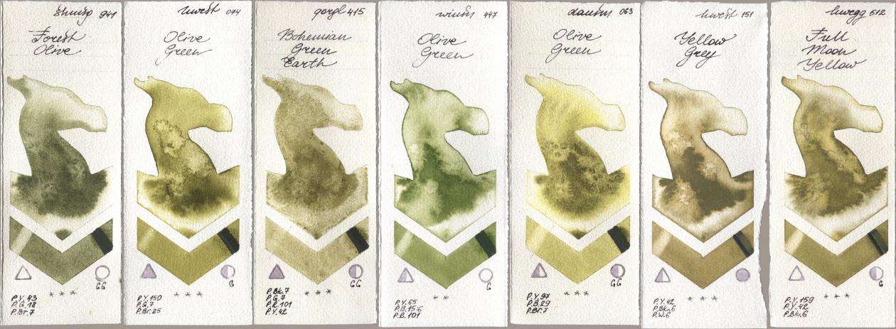 Shminke Horadam Aquarell 941 Forest Olive, Holbein Artists Watercolor 074 Olive Green, Golden QOR 415 Bohemian Green Earth, Winsor & Newton Professional 447 Olive Green, Daniel Smith 063 Olive Green, 151 Yellow Grey, 512 Full Moon Yell watercolor swatch