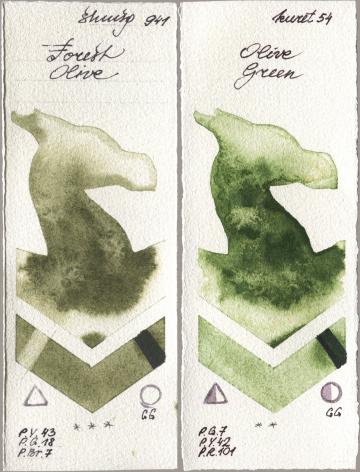Shminke Horadam Aquarell 941 Forest Olive, Kuretake Gansai Tambi 054 Olive Gre watercolor swatch