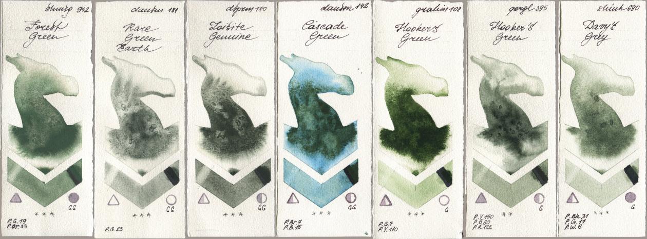 Shminke Horadam Aquarell 942 Forest Green, Daniel Smith 181 Rare Green Earth, 180 Zoisite Genuine, 142 Cascade Green, M. Graham & Co. Artists 108 Hookers Green, Golden QOR 395 Hookers Green, Shinhan PWC 690 Davys Gr watercolor swatch