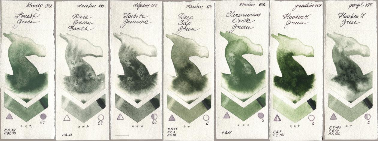 Shminke Horadam Aquarell 942 Forest Green, Daniel Smith 181 Rare Green Earth, 180 Zoisite Genuine, 175 Deep Sap Green, 512 Chromium Oxide Green, M. Graham & Co. Artists 108 Hookers Green, Golden QOR 395 Hookers Gre watercolor swatch