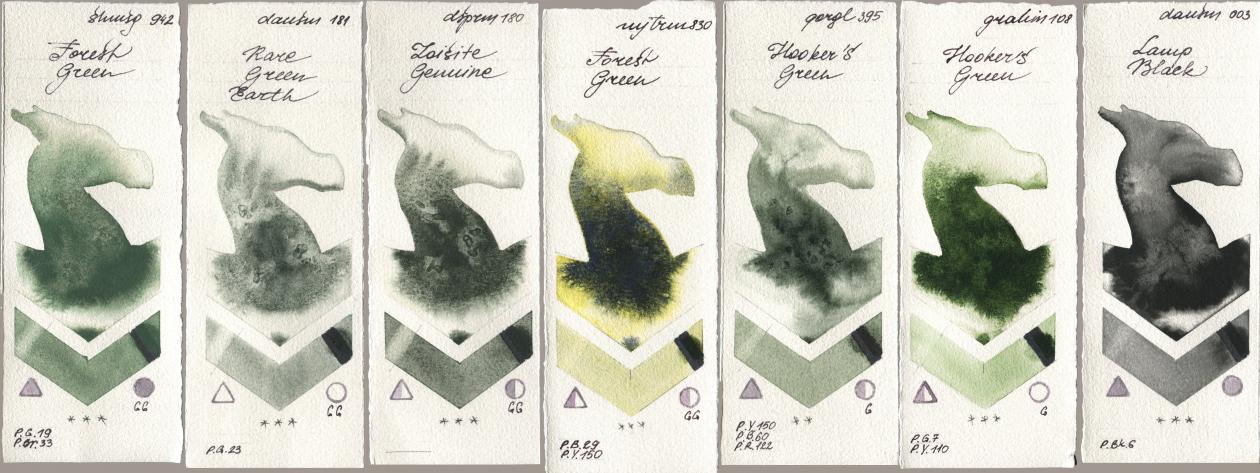 Shminke Horadam Aquarell 942 Forest Green, Daniel Smith 181 Rare Green Earth, 180 Zoisite Genuine, Mijello Mission Gold 830 Forest Green, Golden QOR 395 Hookers Green, M. Graham & Co. Artists 108 Hookers Green, 003 Lamp Bla watercolor swatch