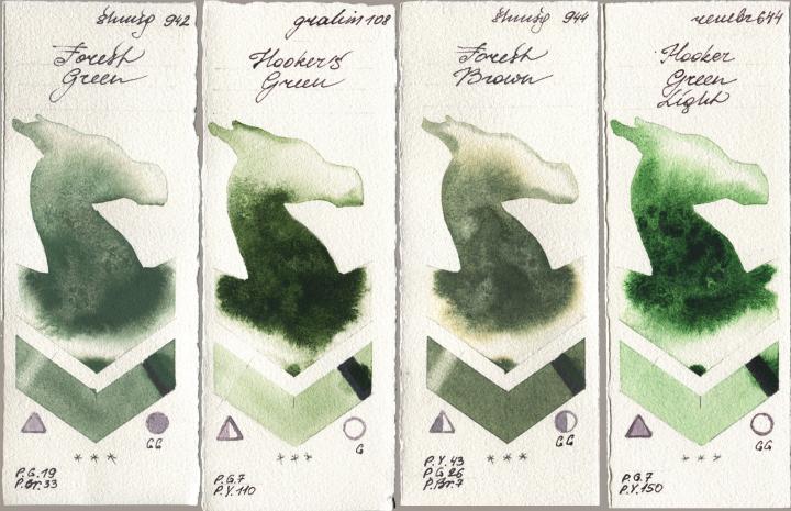 Shminke Horadam Aquarell 942 Forest Green, M. Graham & Co. Artists 108 Hookers Green, 944 Forest Brown, Royal Talens Rembrandt Watercolour 644 Hooker Green Lig watercolor swatch