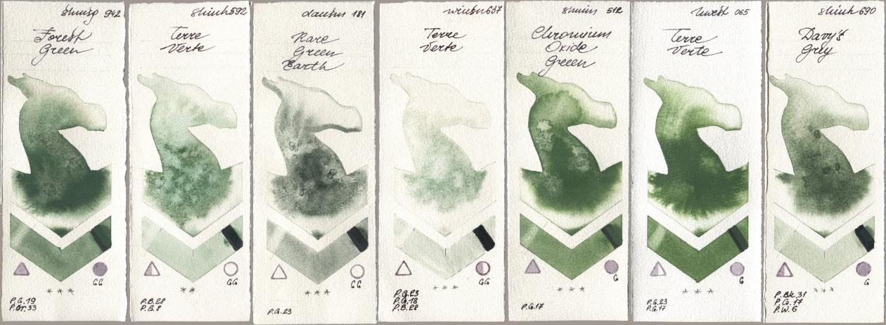 Shminke Horadam Aquarell 942 Forest Green, Shinhan PWC 592 Terre Verte, Daniel Smith 181 Rare Green Earth, Winsor & Newton Professional 637 Terre Verte, 512 Chromium Oxide Green, Holbein Artists Watercolor 065 Terre Verte, 690 Davys Gr watercolor swatch