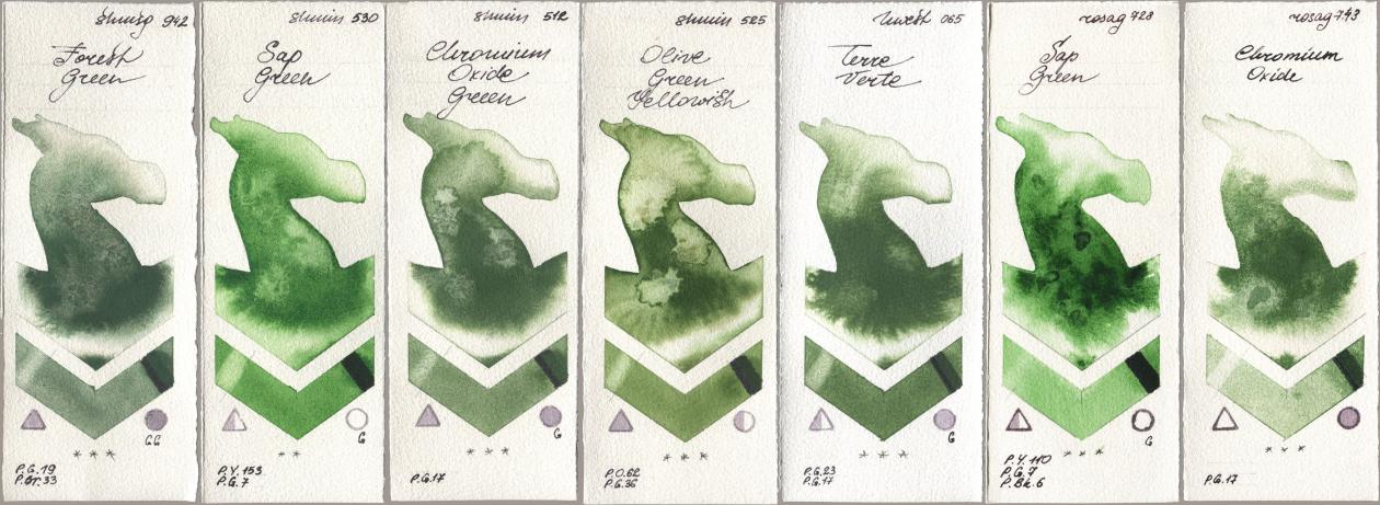 Shminke Horadam Aquarell 942 Forest Green, 530 Sap Green, 512 Chromium Oxide Green, 525 Olive Green Yellowish, Holbein Artists Watercolor 065 Terre Verte, Rosa Gallery 728 Sap Green, 743 Chromium Oxi watercolor swatch
