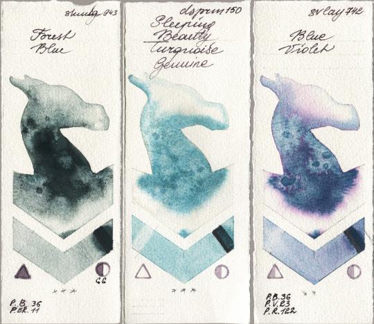 Shminke Horadam Aquarell 943 Forest Blue vs Daniel Smith 150 Sleeping Beauty Turquoise Genuine vs SuperVision 742 Blue Violet watercolor swatch