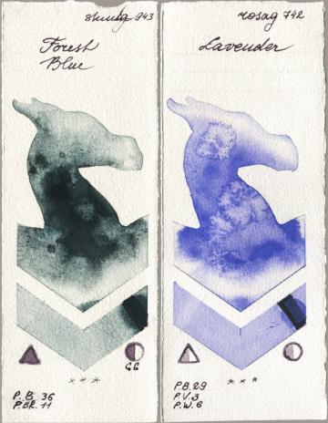 Shminke Horadam Aquarell 943 Forest Blue vs Rosa Gallery 742 Lavender watercolor swatch