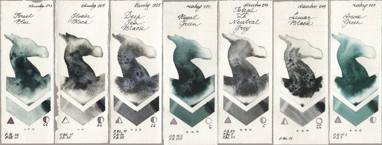 Shminke Horadam Aquarell 943 Forest Blue, 965 Glacier Black, 955 Deep Sea Black, Rosa Gallery 780 Royal Green, Daniel Smith 244 Joseph Zs Neutral Grey, 049 Lunar Black, 767 Azure Gre watercolor swatch