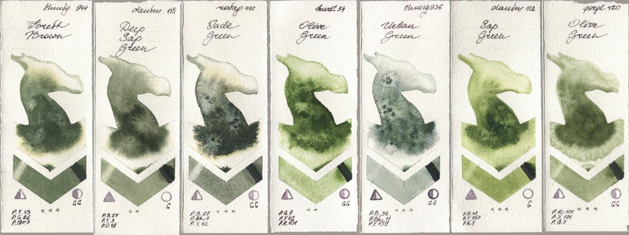 Shminke Horadam Aquarell 944 Forest Brown, Daniel Smith 175 Deep Sap Green, Rosa Gallery 766 Jade Green, Kuretake Gansai Tambi 054 Olive Green, 936 Urban Green, 102 Sap Green, Golden QOR 420 Olive Gre watercolor swatch