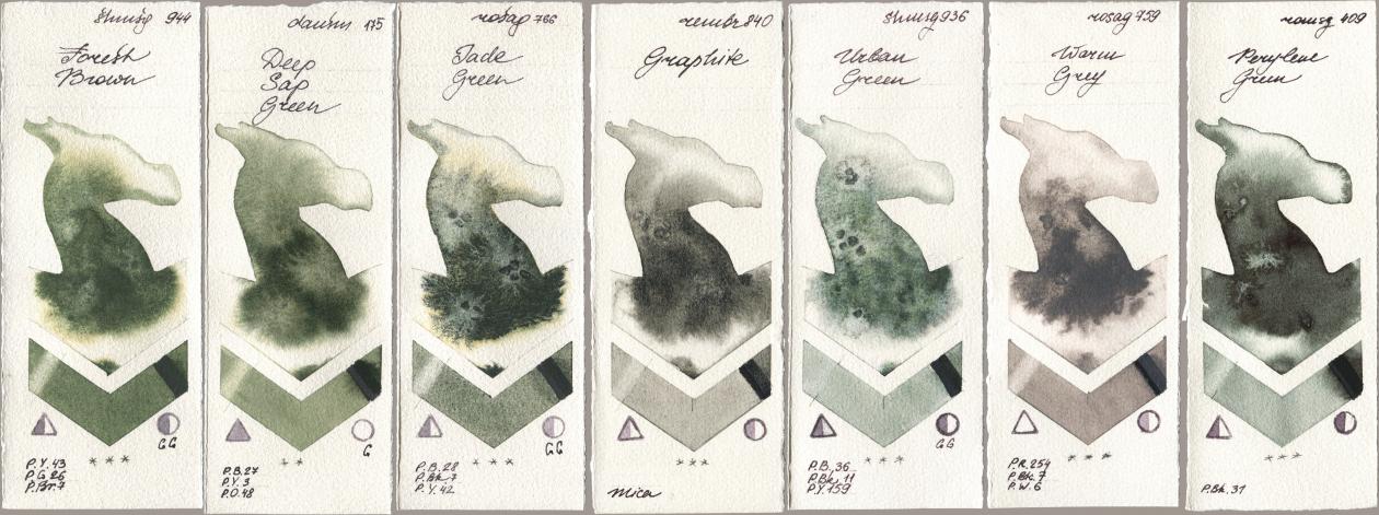 Shminke Horadam Aquarell 944 Forest Brown, Daniel Smith 175 Deep Sap Green, Rosa Gallery 766 Jade Green, Royal Talens Rembrandt Watercolour 840 Graphite, 936 Urban Green, 759 Warm Grey, Roman Szmal Aquarius 409 Perylene Gre watercolor swatch