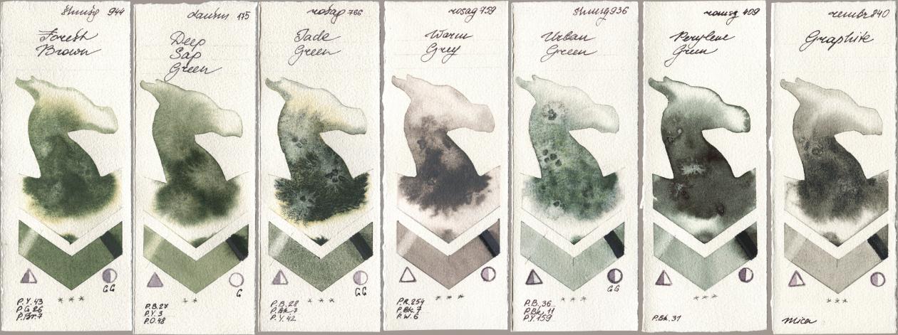 Shminke Horadam Aquarell 944 Forest Brown, Daniel Smith 175 Deep Sap Green, Rosa Gallery 766 Jade Green, 759 Warm Grey, 936 Urban Green, Roman Szmal Aquarius 409 Perylene Green, Royal Talens Rembrandt Watercolour 840 Graphi watercolor swatch