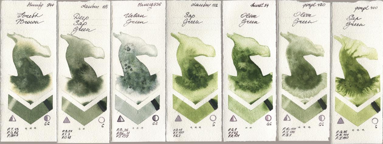 Shminke Horadam Aquarell 944 Forest Brown, Daniel Smith 175 Deep Sap Green, 936 Urban Green, 102 Sap Green, Kuretake Gansai Tambi 054 Olive Green, Golden QOR 420 Olive Green, 400 Sap Gre watercolor swatch