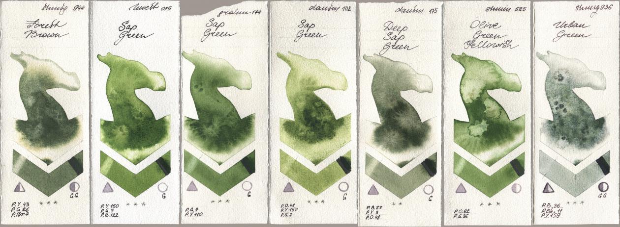 Shminke Horadam Aquarell 944 Forest Brown, Holbein Artists Watercolor 075 Sap Green, M. Graham & Co. Artists 174 Sap Green, Daniel Smith 102 Sap Green, 175 Deep Sap Green, 525 Olive Green Yellowish, 936 Urban Gre watercolor swatch