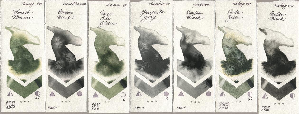 Shminke Horadam Aquarell 944 Forest Brown, Maimeri Blu 537 Carbon Black, Daniel Smith 175 Deep Sap Green, 038 Graphite Gray, Golden QOR 500 Carbon Black, Rosa Gallery 766 Jade Green, 770 Carbon Bla watercolor swatch