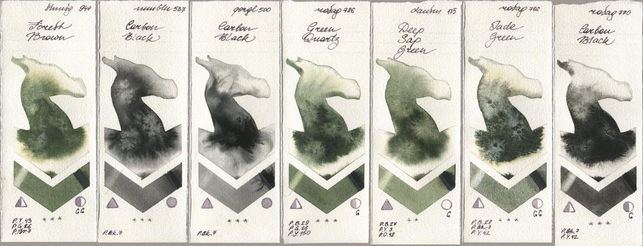 Shminke Horadam Aquarell 944 Forest Brown, Maimeri Blu 537 Carbon Black, Golden QOR 500 Carbon Black, Rosa Gallery 786 Green Quartz, Daniel Smith 175 Deep Sap Green, 766 Jade Green, 770 Carbon Bla watercolor swatch