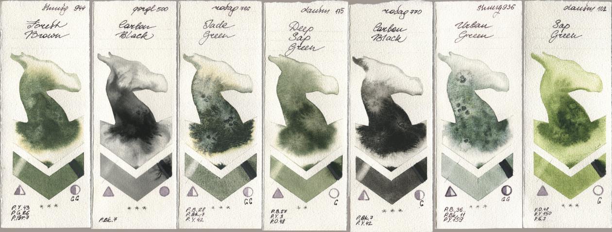 Shminke Horadam Aquarell 944 Forest Brown, Golden QOR 500 Carbon Black, Rosa Gallery 766 Jade Green, Daniel Smith 175 Deep Sap Green, 770 Carbon Black, 936 Urban Green, 102 Sap Gre watercolor swatch