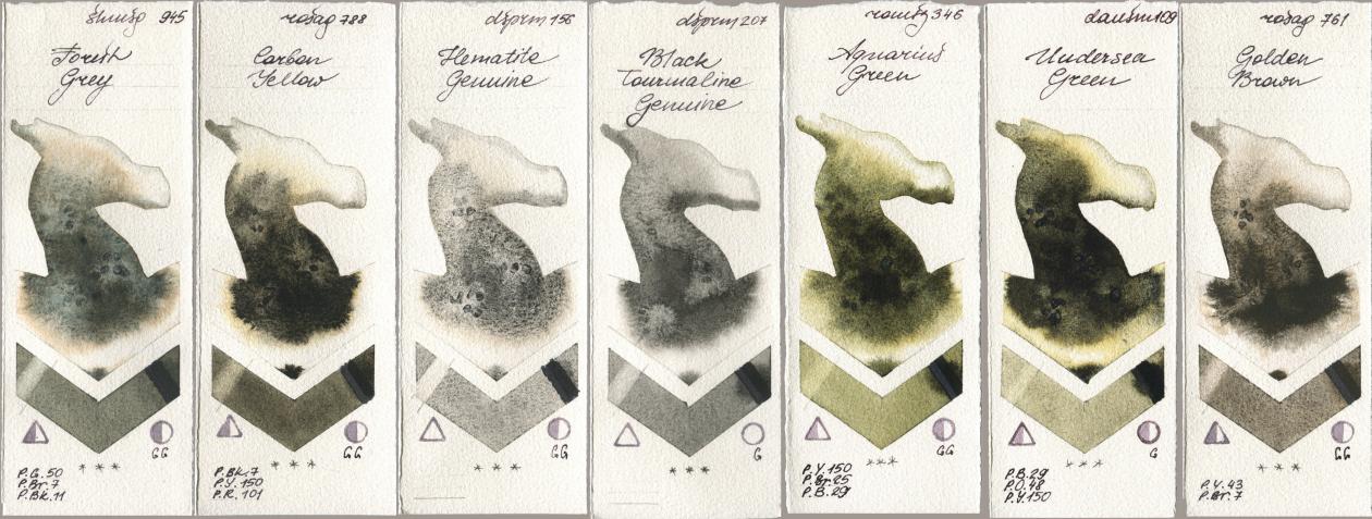 Shminke Horadam Aquarell 945 Forest Grey, Rosa Gallery 788 Carbon Yellow, Daniel Smith 156 Hematite Genuine, 207 Black Tourmaline Genuine, Roman Szmal Aquarius 346 Aquarius Green, 109 Undersea Green, 761 Golden Bro watercolor swatch