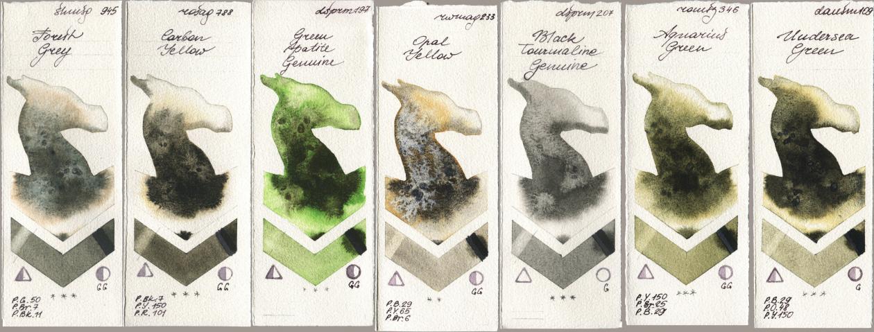 Shminke Horadam Aquarell 945 Forest Grey, Rosa Gallery 788 Carbon Yellow, Daniel Smith 197 Green Apatite Genuine, Rockwell 233 Opal Yellow, 207 Black Tourmaline Genuine, Roman Szmal Aquarius 346 Aquarius Green, 109 Undersea Gre watercolor swatch