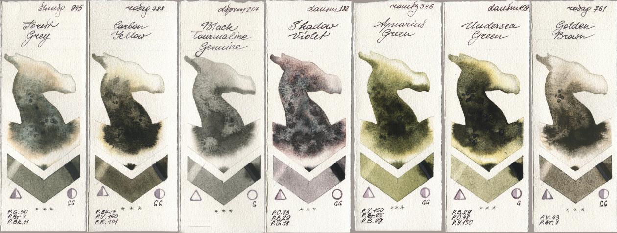 Shminke Horadam Aquarell 945 Forest Grey, Rosa Gallery 788 Carbon Yellow, Daniel Smith 207 Black Tourmaline Genuine, 188 Shadow Violet, Roman Szmal Aquarius 346 Aquarius Green, 109 Undersea Green, 761 Golden Bro watercolor swatch