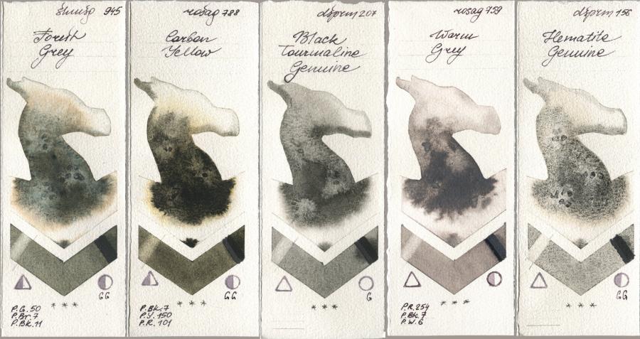 Shminke Horadam Aquarell 945 Forest Grey, Rosa Gallery 788 Carbon Yellow, Daniel Smith 207 Black Tourmaline Genuine, 759 Warm Grey, 156 Hematite Genui watercolor swatch