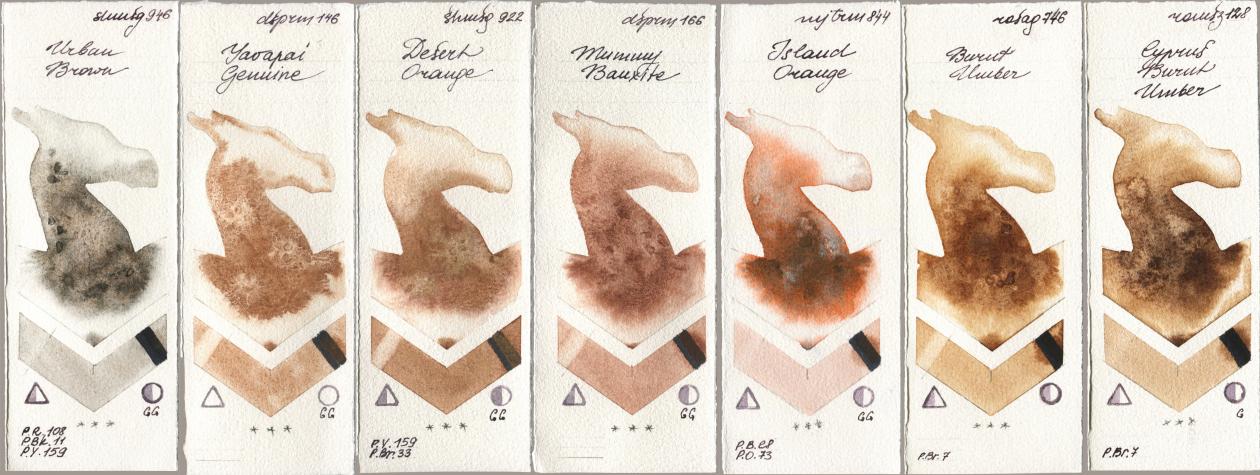 Shminke Horadam Aquarell 946 Urban Brown, Daniel Smith 146 Yavapai Genuine, 922 Desert Orange, 166 Mummy Bauxite, Mijello Mission Gold 844 Island Orange, Rosa Gallery 746 Burnt Umber, Roman Szmal Aquarius 128 Cyprus Burnt Umb watercolor swatch