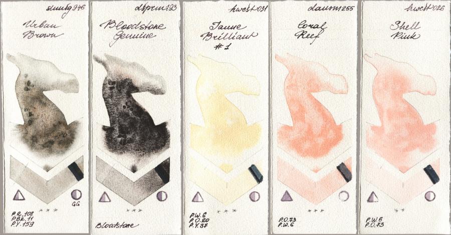 Shminke Horadam Aquarell 946 Urban Brown vs Daniel Smith 193 Bloodstone Genuine vs Holbein Artists Watercolor 031 Jaune Brilliant No 1 vs 255 Coral Reef vs 026 Shell Pink watercolor swatch