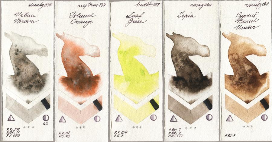 Shminke Horadam Aquarell 946 Urban Brown vs Mijello Mission Gold 844 Island Orange vs Holbein Artists Watercolor 077 Leaf Green vs Rosa Gallery 720 Sepia vs Roman Szmal Aquarius 128 Cyprus Burnt Umber watercolor swatch