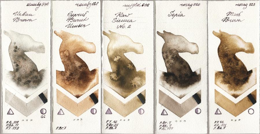 Shminke Horadam Aquarell 946 Urban Brown vs Roman Szmal Aquarius 128 Cyprus Burnt Umber vs Mijello Mission Gold 606 Raw Sienna No 2 vs Rosa Gallery 720 Sepia vs 723 Mars Brown watercolor swatch
