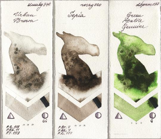 Shminke Horadam Aquarell 946 Urban Brown vs Rosa Gallery 720 Sepia vs Daniel Smith 197 Green Apatite Genuine watercolor swatch