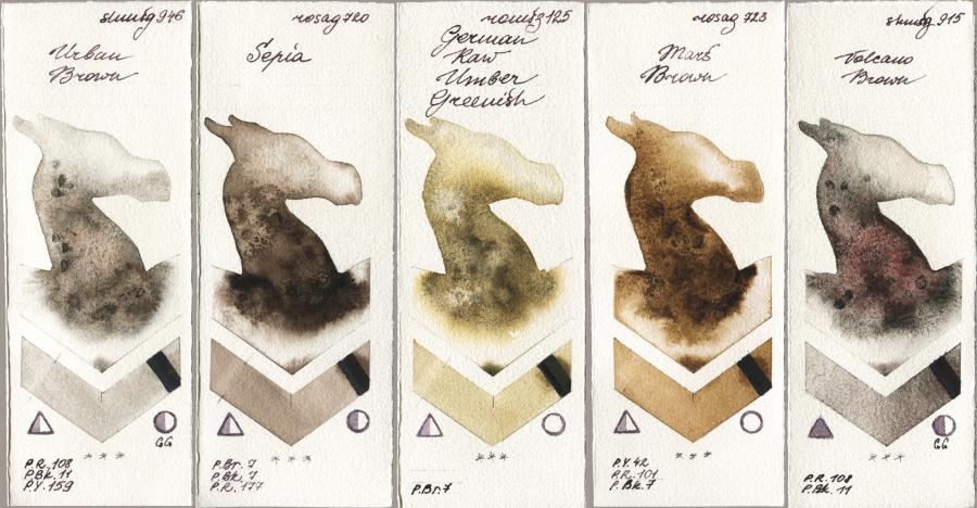 Shminke Horadam Aquarell 946 Urban Brown vs Rosa Gallery 720 Sepia vs Roman Szmal Aquarius 125 German Raw Umber Greenish vs 723 Mars Brown vs 915 Volcano Brown watercolor swatch