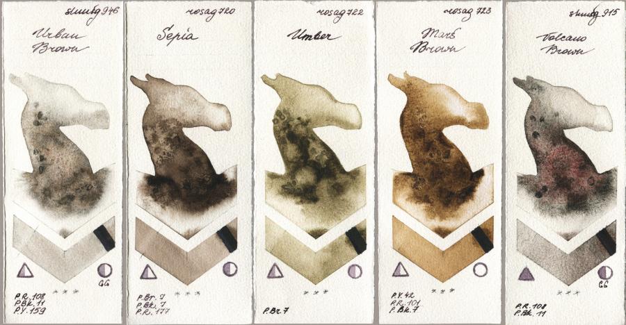 Shminke Horadam Aquarell 946 Urban Brown vs Rosa Gallery 720 Sepia vs 722 Umber vs 723 Mars Brown vs 915 Volcano Brown watercolor swatch